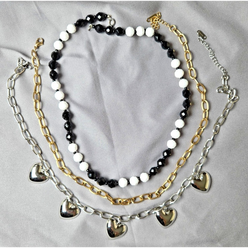 Shine Gallery Gold Chain + Silver Heart Chain + Unbranded Beaded Necklace